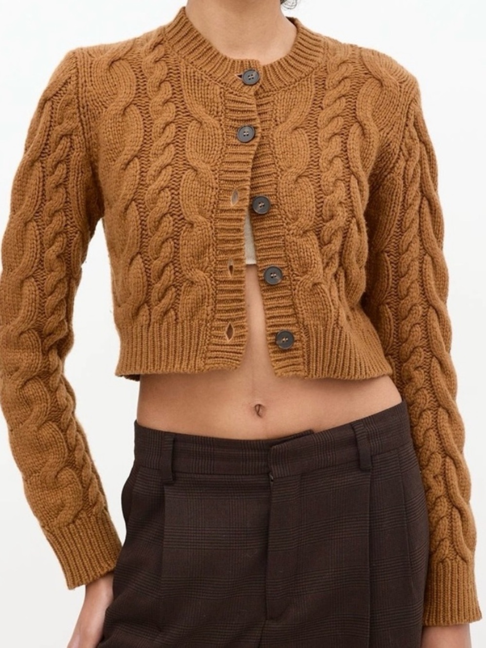 FRAME Cable-Knit Cropped Cardigan In Brown Size small